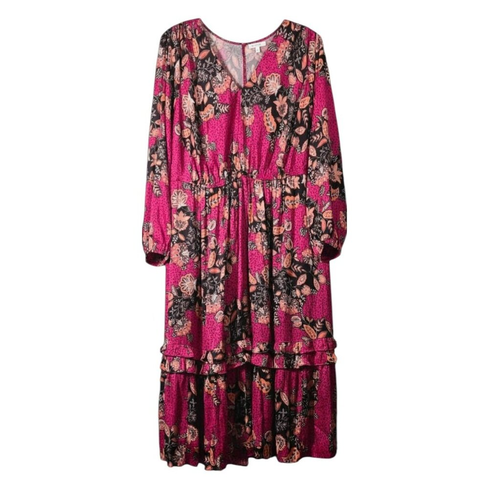 Lane Bryant 18 Dress Maxi Tiered Elastic Waist Ruffles Pink Brown
